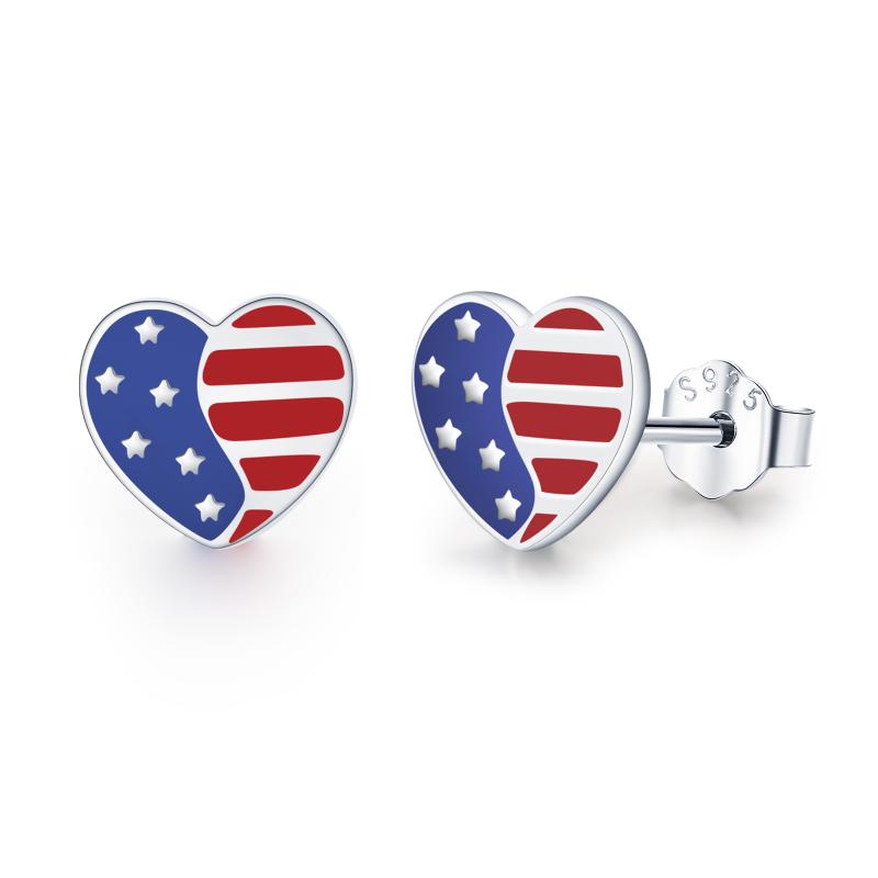 Silver American Flag Heart Stud Earrings