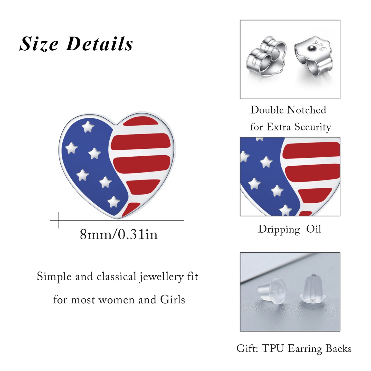 Silver American Flag Heart Stud Earrings